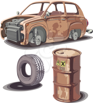 Old broken rusty car, rusty oil barrel and used obsolete tire with a dirty stains...
Editable vector EPS v9.0