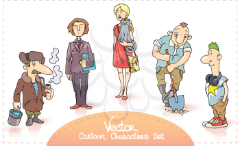 The vector cartoon characters set contains: the old man with the smoking pipe and the bucket with a water, the businessman with the paper folder, the young woman in a red dress with a cat, the worker