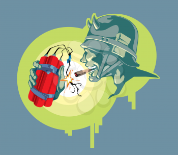 The ominous soldier in a old german helmet with the pack of TNT. Editable vector EPS.