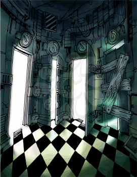 The dark hall with many doors and the bright light behind it. The doors mean the variety of choices.
Editable vector EPS v9.0