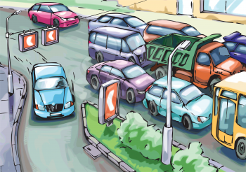 The blue car is making a detour round the cars stuck in a traffic jam.
Editable vector EPS v9.0