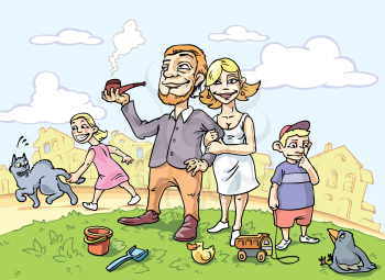 The happy family is walking on the green lawn in front of townhouses. Editable vector EPS v.9.0.
