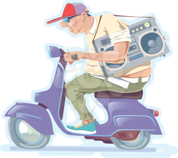 The fat bald-headed man with the boombox is riding the scooter.