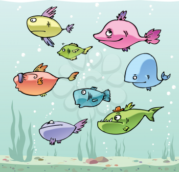 Set of the funny cartoon fishes in their habitat.
Editable vector EPS v9.0