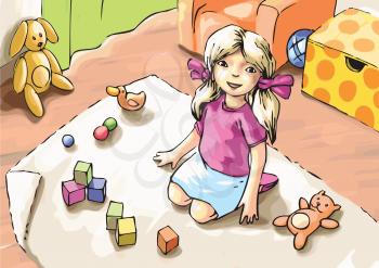 The little girl is playing with toys.
Editable vector EPS v9.0