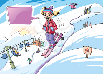The smiling girl is freeriding in the big mountains (the purple bubble and 
the warning sign is placed on the separate layers).
