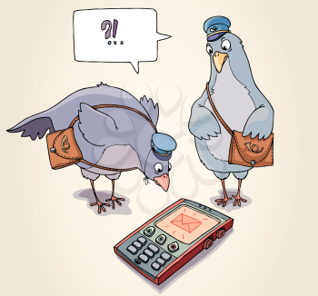Two carrier pigeons are wonder to receive the SMS.