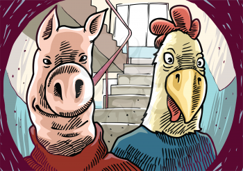 The suspicious visitors - the pig and the chicken, - are standing behind the front door. 
Editable vector EPS v9.0