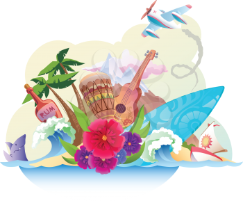 The tropical island with its music, surfing and the carefree lifestyle. 
Editable vector EPS v9.0