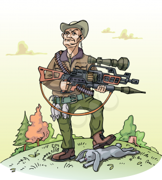 A vector illustration of a heavy armed hunter and his poor bag.