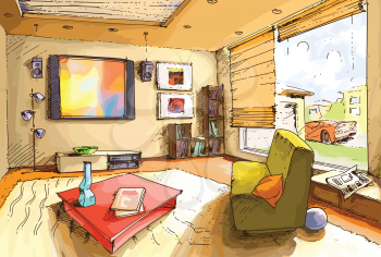 The light and empty interior of a cozy living room in a bright sunny day. The original vector image is layered.
Editable vector EPS v9.0