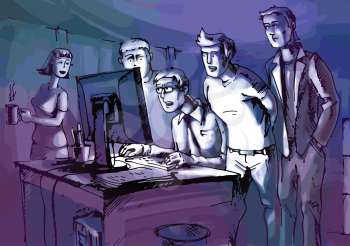 The four men and the woman are looking at glowing computer monitor in a dark room.
Editable vector EPS v9.0