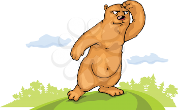 Brown bear is standing on the green glade and watching for something important.. Vector EPS v9.0