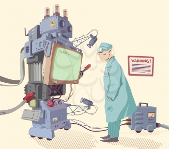 The scientist is looking on the error message of the giant robot's operating system.
Editable vector EPS v9.0