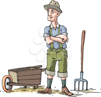 The farmer weared in a hat and the short pants is standing near the wheelbarrow and the pitchfork.