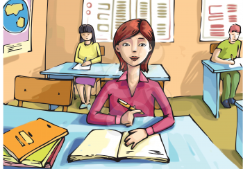 The girl is studying in the classroom.
Editable vector EPS v9.0