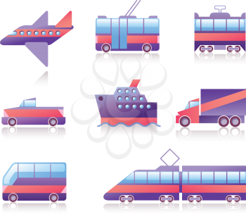 Transportation icons set: the plane, the train, the trolleybus, the tram, the car, the cruise ship, the cargo truck, the bus and the train.