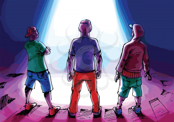 Three young men in a street wear are watching the light from above. Editable vector EPS v9.0