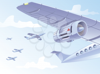 Airplane wing with the jet turbine is in the blue sky. There are other planes far away...
Editable vector EPS v9.0