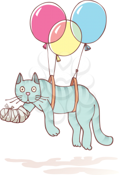 The injured cat with the damaged paw in a bandage is flying with air balloons.
Editable vector EPS v9.0