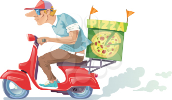 Royalty Free Clipart Image of a Pizza Delivery Guy on a Moped