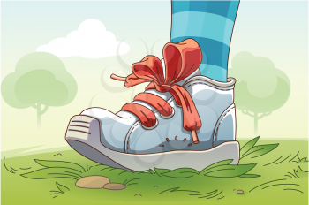 The child's leg wearing the small sneaker with a red lacing is standing on the grass.