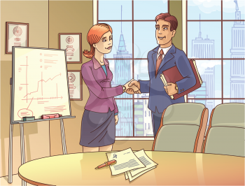 The young businessman and the businesswoman are glad to sign the contract and shaking the hands in the meeting room.

The archive includes: the editable layered vector EPS 10.0 and the Hi-res JPG fi