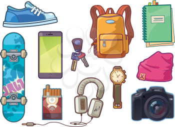 The set of the different vector clothes and accessories. There are: sneaker, watch, keys, smartphone, DSLR camera, headphones, skateboard deck, backpack, beanie headwear,  notepad with a bookmarks and