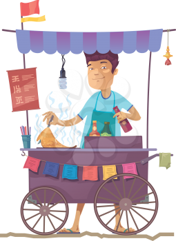 The smiling young asian cook is preparing the tasty pancake on his outdoor mobile street kitchen. He is looking at camera.

The hieroglyphs in the menu are only stylization.