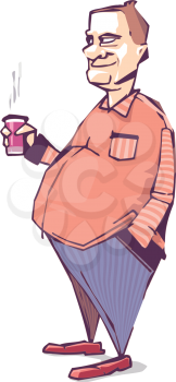 The smiling mature fat man is drinking something hot. Maybe it's a coffee. Vector illustration.