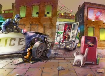 The police car is smashed while chasing the criminal on a stolen armoured vehicle. The policeman is looking angrily at the smiling driving away suspect.
Raster illustration.
