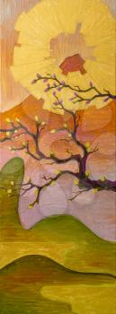 An oil painting of a sakura blossoms, the golden sun and the mount Fuji in a background.