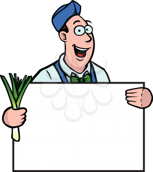 Royalty Free Clipart Image of a Grocer Holding a Sign