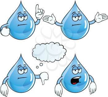 Collection of bored water drops with various gestures.