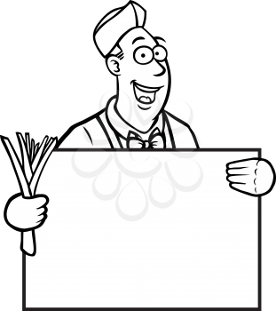Royalty Free Clipart Image of a Grocer Holding a Leek and a Sign