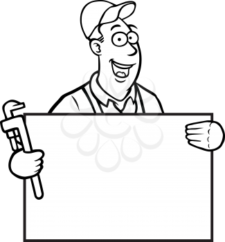 Royalty Free Clipart Image of a Man With a Wrench Holding a Sign