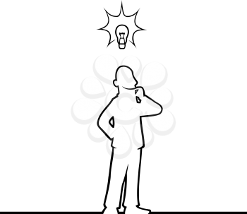 Black line art illustration of a man with a lightbulb above his head.