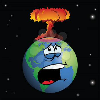 A nuclear weapon exploding on cartoon Earth, forming a mushroom cloud.