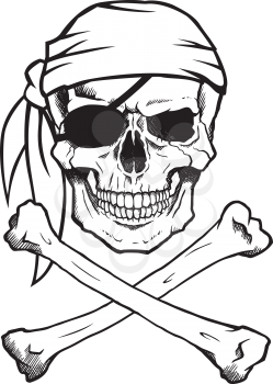 Black and white pirate skull and crossbones, also known as Jolly Roger, wearing a bandana.