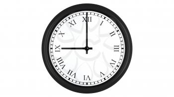 Realistic 3D render of a wall clock with Roman numerals set at 9 o'clock, isolated on a white background.