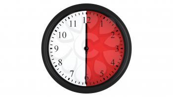 Wall clock showing a 30 minutes red time interval, isolated on a white background. Realistic 3D computer generated image.
