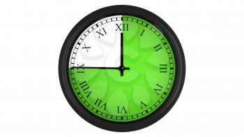 Wall clock with Roman numerals showing a 45 minutes green time interval, isolated on a white background. Realistic 3D computer generated image.