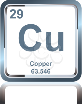 Symbol of chemical element copper as seen on the Periodic Table of the Elements, including atomic number and atomic weight.