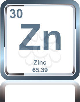 Symbol of chemical element zinc as seen on the Periodic Table of the Elements, including atomic number and atomic weight.