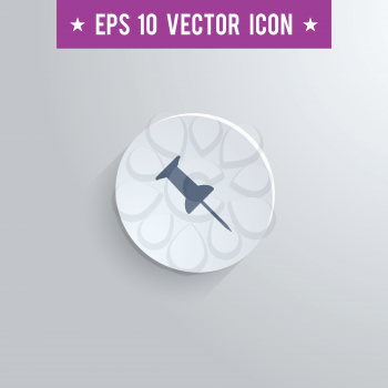 Stylish pushpin icon. Blue colored symbol on a white circle with shadow on a gray background. EPS10 with transparency.