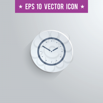 Stylish clock icon. Blue colored symbol on a white circle with shadow on a gray background. EPS10 with transparency.