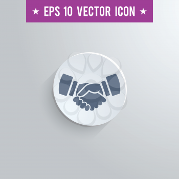 Stylish handshake icon. Blue colored symbol on a white circle with shadow on a gray background. EPS10 with transparency.