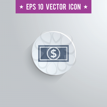 Stylish dollar bill icon. Blue colored symbol on a white circle with shadow on a gray background. EPS10 with transparency.