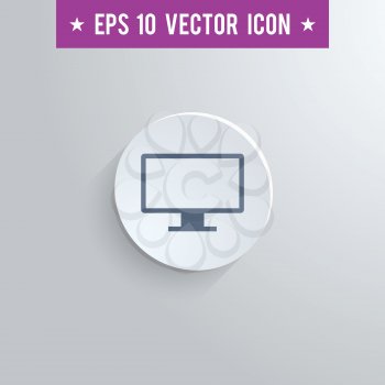 Stylish computer screen icon. Blue colored symbol on a white circle with shadow on a gray background. EPS10 with transparency.