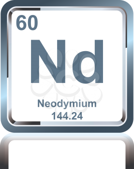 Symbol of chemical element neodymium as seen on the Periodic Table of the Elements, including atomic number and atomic weight.
